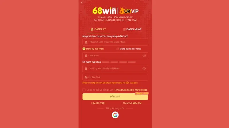 Cách đăng ký 68WIN qua website và ứng dụng